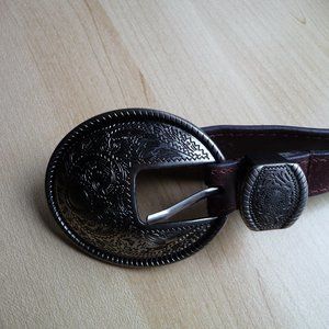 VERA PELLE NEW ITALIAN GENUINE BROWN LEATHER WITH SILVER  WESTERN BUCKLE BELT  L